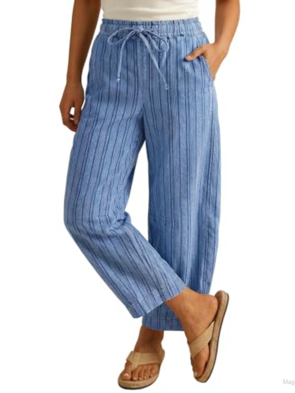 Barrel Jeans Women Trendy Striped Cropped High Waisted Pull On Elastic Waist